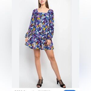 BCBGeneration vibrant Floral bubble Sleeve mini Dress flowy square neck / back 6